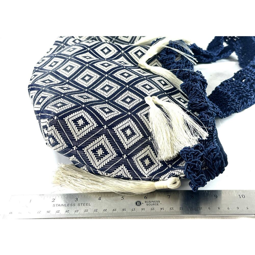 IL GIARDINO DI PIPPO Blue White Woven Tote Bag Tassel Macrame Handles Large - Picture 8 of 10